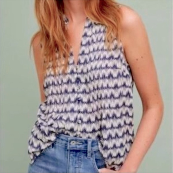 Anthropologie Tops - Maeve by ANTROPOLOGIE navy/gray/ivory  Print Button-Down sleeveless SIZE LARGE